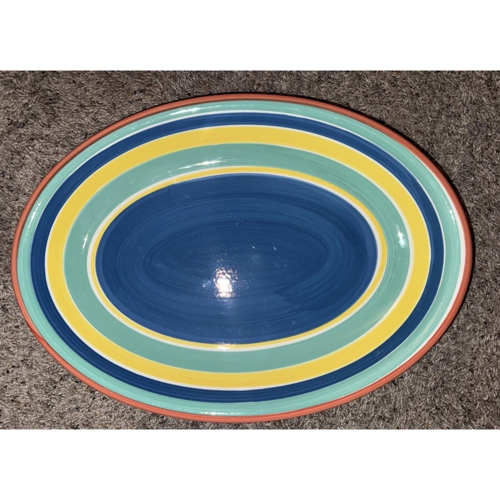 Pier 1 Imports Italy 16" Oval Serving Platter Blue Yellow Stripe Handcrafted